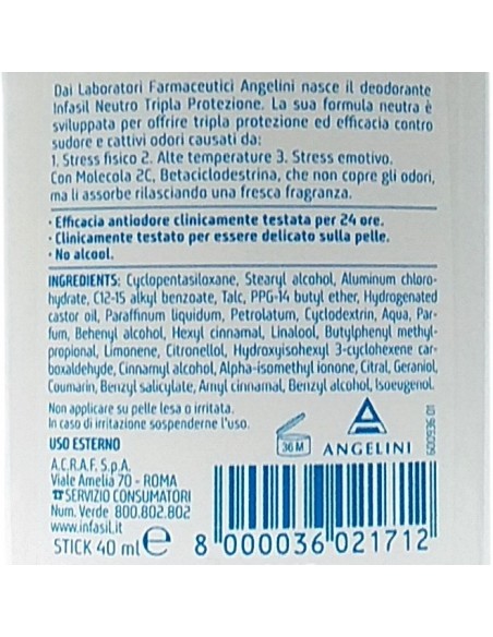 Infasil Deodorante Stick - 40ml - Neutro Tripla Protezione No-stop 24h 2c